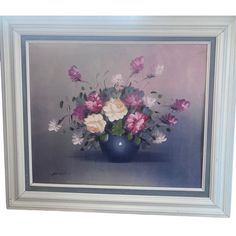 a painting of pink and white flowers in a blue vase