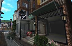 an animated image of a street corner with flowers on the sidewalk and buildings in the background