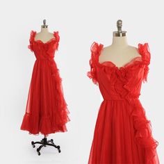 Vintage 70s red ruffle chiffon gown dress by CALIVINTAGEUSA on Etsy Vintage Summer Cocktail Evening Dress, Red Ruffled Floor-length Maxi Dress, Vintage Red Evening Dress For Wedding, Vintage Floor-length Cocktail Evening Dress, Red Vintage Wedding Evening Dress, Vintage Summer Evening Dress For Formal Occasions, Sleeveless Ruffled Vintage Dress For Evening, Red Sleeveless Vintage Dress For Party, Vintage Summer Formal Evening Dress