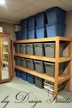 the storage room is filled with plastic buckets