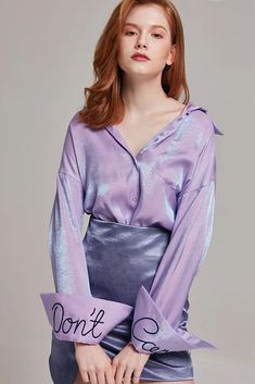 Jacqueline Iridescent Button-up Blouse | Oroshe Light Purple Fashion, Festival Ootd, Young Women Fashion, Women Fashion Edgy, Metal Fashion, Colors Purple, Satin Blouses, Estilo Chic, Blouse Work