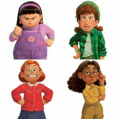 four cartoon characters are shown in three different poses, one with glasses and the other without