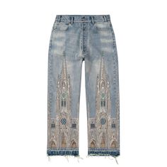 High quality 13 oz. denim in Light Blue Cathedral graphic imagery on the front Raw bottom hem Baggy fit Screen printed info on the waist Fits true to size Graphic Pants, Streetwear Photoshoot, Graphic Pant, Church Fits, Black Jesus, Streetwear Pants, Flower Shorts, Men Streetwear, Mens Fashion Streetwear