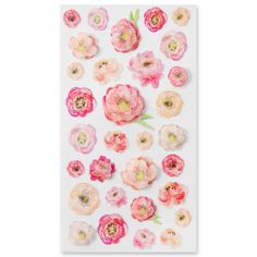 pink and white flowers are arranged on a sheet of stickers with green stems in the middle