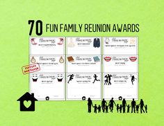 a family reunion award is displayed on a green background with the words,'70 fun family reunion awards '