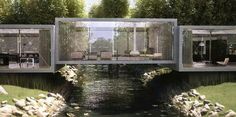 an artist's rendering of a floating house in the middle of a pond with rocks and grass surrounding it