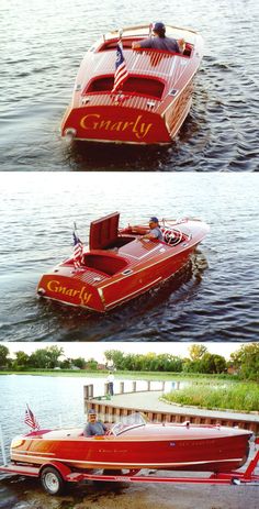 three different views of a red speedboat in the water