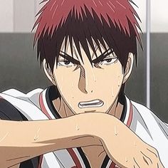 an anime character with red hair and white shirt looking at the camera while holding his hand over his face