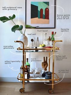 a gold bar cart with drinks on it and labeled parts to make the perfect bar cart