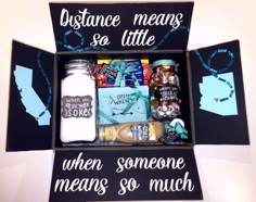 an open box with some items in it that says distance means so little when someone means so much