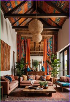 a living room filled with furniture and colorful drapes hanging from the ceiling over a wooden coffee table