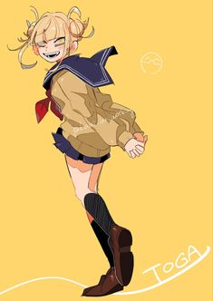 an anime character with blonde hair and blue eyes wearing boots, standing in front of a yellow background