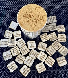 there are many pieces of wine corks with writing on them that say date night