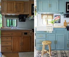 two pictures side by side one has blue cabinets and the other has brown cabinets