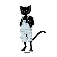 a black cat wearing overalls and green eyes standing in front of a white background