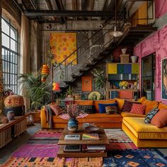 a living room filled with lots of colorful furniture