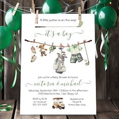 a baby shower is shown with green balloons and streamers on the clothesline, as well as a sign that says it's a boy