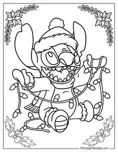 an image of a cartoon character in the holiday season coloring page with snowflakes and holly