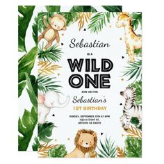 a wild one birthday party with jungle animals and giraffes on the front