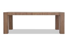 a wooden table with two legs and a long rectangular design on the top, against a white background