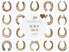 20 different types of horseshoes with the words, horse shoe clip art printable