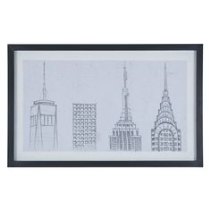 a black and white drawing of buildings in new york city, with the empire building at the far end