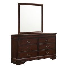 a dresser with a mirror on top of it and drawers below the dresser is dark brown