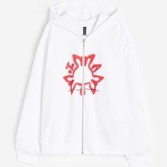 Brand New With Tags White Hooded Graphic Print Outerwear, White Hooded Outerwear With Graphic Print, White Hooded Top For Winter, White Hooded Top For Spring, White Hooded Sweatshirt For Spring, White Hooded Spring Sweatshirt, Spring White Hooded Sweatshirt, White Hoodie For Spring, White Hoodie Outerwear For Spring