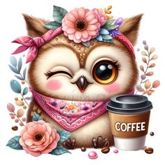 an owl wearing a bandana and holding a coffee cup with flowers around its neck