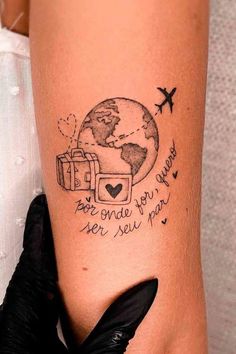 NOT MY PIC, PLEASE DM FOR REMOVAL/CREDIT. Visit BookOnBoard.com for travel tattoo ideas. Travel inspired tattoos design- travel tattoos for women unique, adventure tattoo, minimalist symbols, tiny, world, matching, simple, sleeve, time, quotes, fine line, compass, traveling tattoos, couple, travel tattoo for men, guys, best friend, dainty, geometric, love, cute, solo, roadless, heart, watercolor, bike, plane, ship, camera, mountain, sun, moon, globe, forearm #traveltattooinspiration #wanderlust World Travel Tattoos, Memory Blocks, Globe Tattoos, Airplane Tattoos, Map Tattoos, Tattoo Ideas For Women