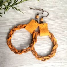 Leather earrings for women, suede hoop drop dangle mustard yellow earrings, hand made craft unique jewelry, boho braided pigtails earrings Braided Earrings, Boho Leather Jewelry, Braided Pigtails, Leather Jewelry Making, Denim Earrings, Handmade Leather Jewelry, Suede Jewelry, Mint Earrings