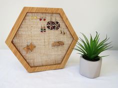 a potted plant sitting next to a wooden frame with earring holders on it