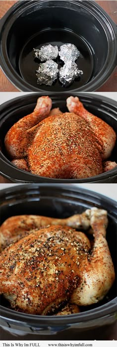 two pictures showing how to cook a whole chicken in the slow cooker