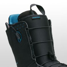 a pair of black snow boots with blue accents