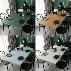 four different tables and chairs with place settings on them, each set up to have their own color scheme