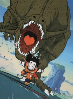 an animated image of a giant monster attacking a man on the ground with his mouth open