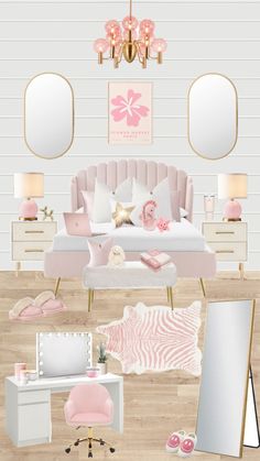 a bedroom with pink furniture and mirrors