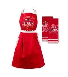 a red apron and matching dish towel are shown with the words mrs claus on it