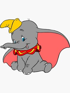 an elephant wearing a red cape and yellow hat sitting on the ground with its trunk up