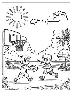 two kids playing basketball on the beach coloring page with sun and clouds in the background