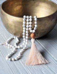 "CALMING EMOTIONS Howlite Mala, Hand Knotted Mala Necklace, 108 Mala Beads, Japa Mala, Buddhist Prayer Beads, Yoga Jewellery, Women's Yoga Gift, Meditation Jewellery, Crystal Healing, Knotted Tassel Mala Handmade with LOVE from a Yogi for a Yogi in Windermere :) This beautiful japa mala is hand knotted between each bead with a beautiful light pink Griffin Silk Thread 108 beads Size beads 6mm (108) in diameter. Bodhi Seed Bead from India is approx. 12mm in diameter. Light pink silk tassel is appr Devi Aesthetic, Diy Mala Beads, Mala Bracelet Diy, Mala Beads Meaning, Mala Necklace Diy, Beads Meaning, Mala Beads Diy, Male Styles, Buddhist Beads