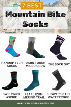 6 mountain bike socks with product names and text that reads "7 best mountain bike socks" Bike Socks, Mountain Biking Gear, Best Socks, Bicycle Travel, Best Mountain Bikes, Mountain Biker