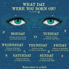 a poster with the words what day were you born on? and two blue eyes