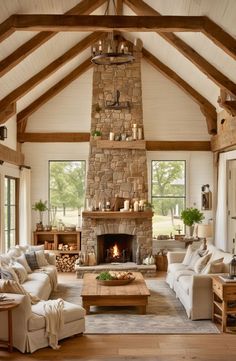 a living room filled with lots of furniture and a fire place in the middle of it