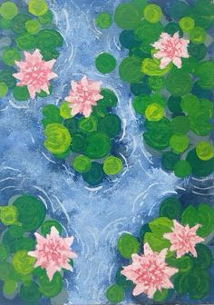 a painting of water lilies and green leaves on a blue background with pink flowers