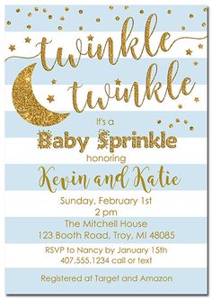 a blue and white striped baby shower with gold glitter stars on it, the words twinkle twinkle