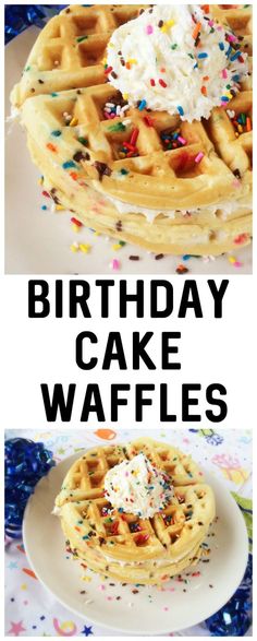 birthday cake waffles with whipped cream and sprinkles