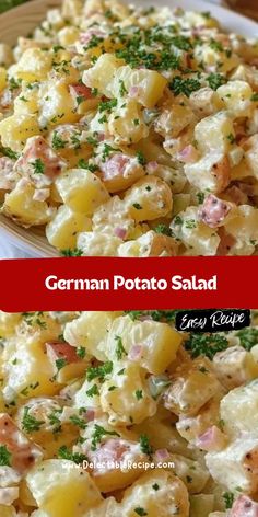 two plates filled with potato salad on top of a wooden table next to each other