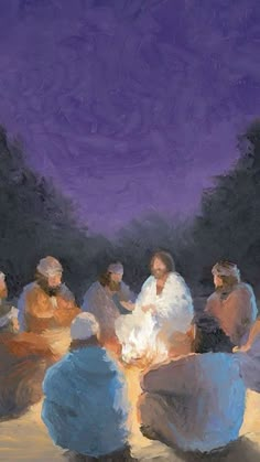 an oil painting of people sitting around a campfire at night with trees in the background