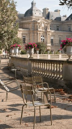 there are many chairs lined up on the side of this walkway near some trees and flowers